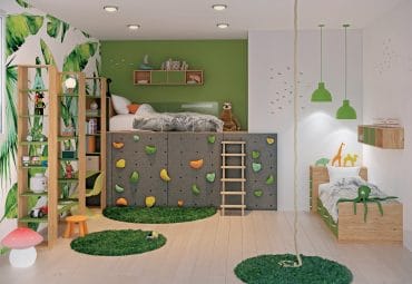 Chambre enfant avec lit mezzanine et mur d'escalade